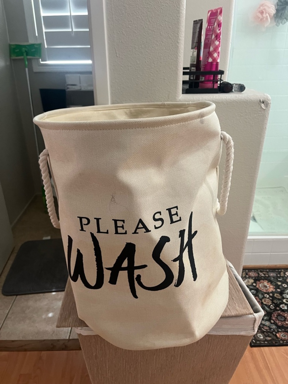 Canvas Laundry Bin "Please Wash" - Cream with Black Text